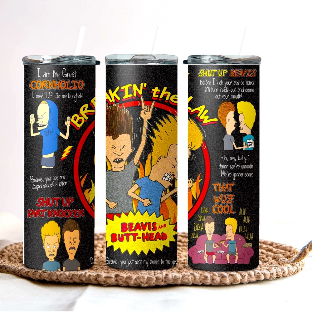 Beavis and butthead inspired 20 oz. stainless steel tumbler with lid and straw